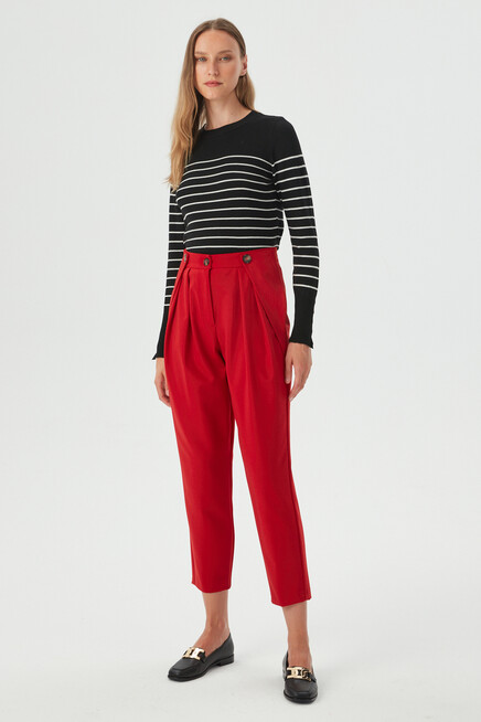 Womens Red Waist Button Detailed Pleated Fabric Trousers