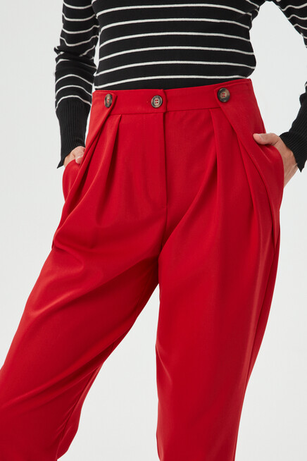 Womens Red Waist Button Detailed Pleated Fabric Trousers