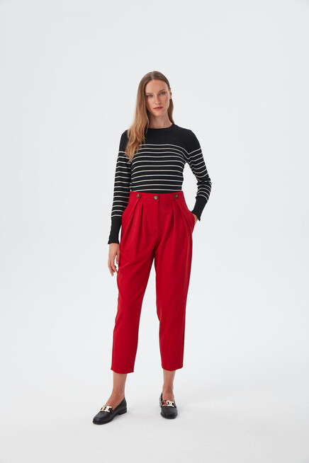 Womens Red Waist Button Detailed Pleated Fabric Trousers