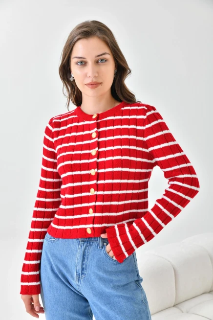 Kırmızı Beyaz Çizgili Triko Hırka