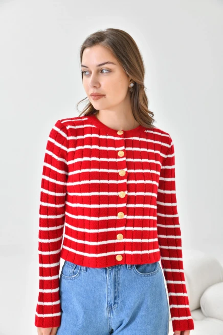 Kırmızı Beyaz Çizgili Triko Hırka