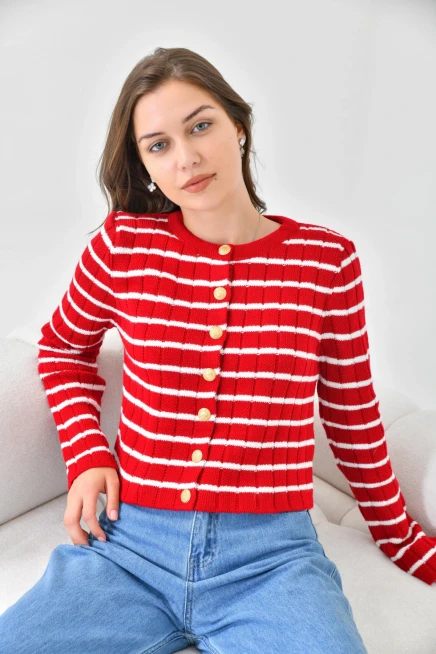 Kırmızı Beyaz Çizgili Triko Hırka