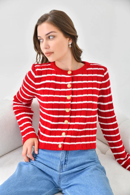 Kırmızı Beyaz Çizgili Triko Hırka
