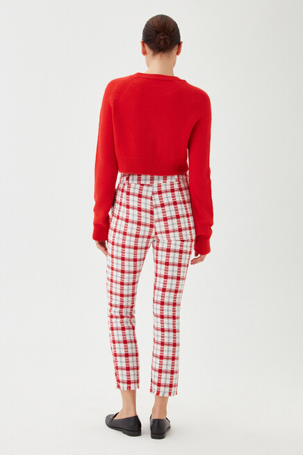 Kadın Kırmızı Ekose Desen Düğmeli Klasik Pantolon