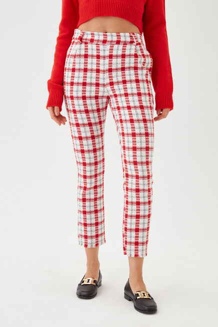 Kadın Kırmızı Ekose Desen Düğmeli Klasik Pantolon