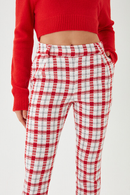 Kadın Kırmızı Ekose Desen Düğmeli Klasik Pantolon