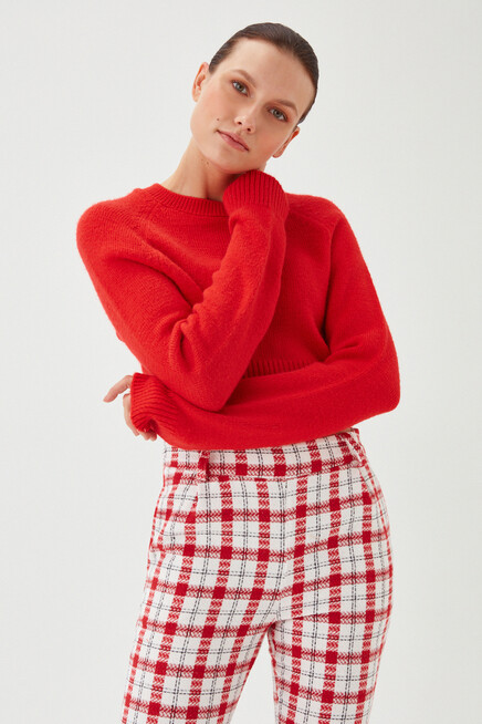 Kadın Kırmızı Ekose Desen Düğmeli Klasik Pantolon