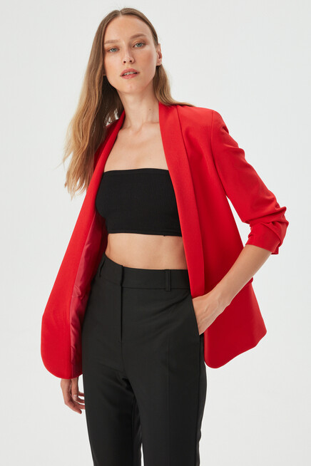 Womens Red Sleeve Pleated Boyfriend Jacket
