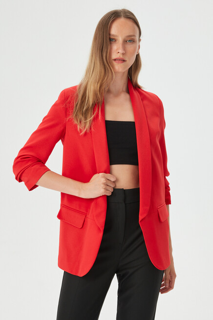 Womens Red Sleeve Pleated Boyfriend Jacket