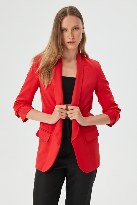 Womens Red Sleeve Pleated Boyfriend Jacket