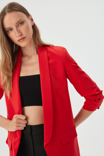 Womens Red Sleeve Pleated Boyfriend Jacket