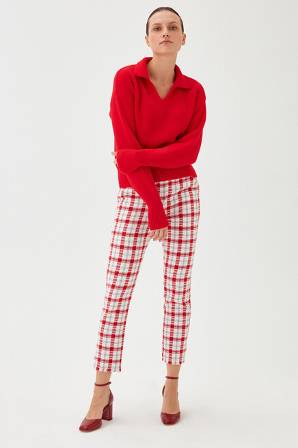 Womens Red Polo Collar Soft Textured Raised Knitwear Sweater