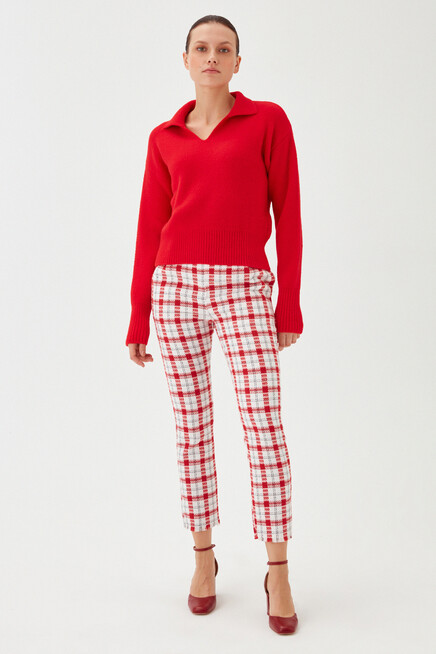 Womens Red Polo Collar Soft Textured Raised Knitwear Sweater