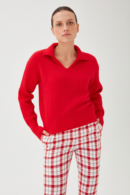 Womens Red Polo Collar Soft Textured Raised Knitwear Sweater