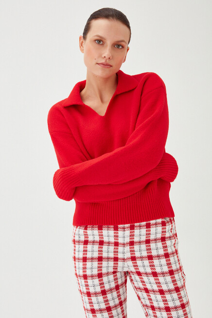 Womens Red Polo Collar Soft Textured Raised Knitwear Sweater