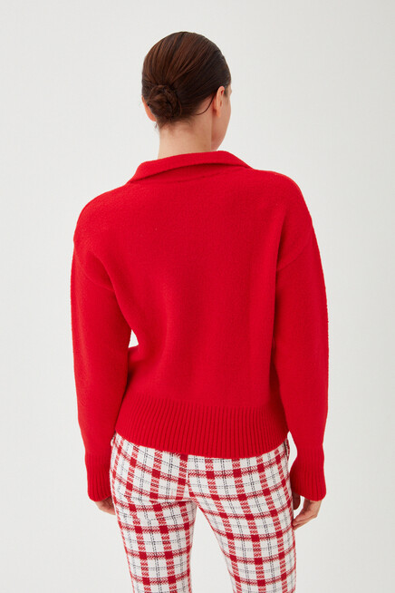 Womens Red Polo Collar Soft Textured Raised Knitwear Sweater