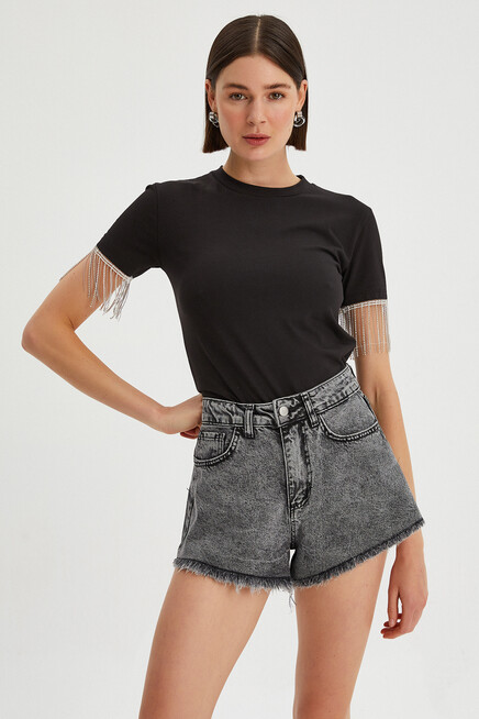 Womens Arms Chain Detailed Basic T-Shirt