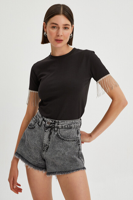 Womens Arms Chain Detailed Basic T-Shirt
