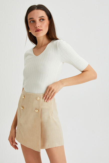 Womens Double Breasted Closure Button Detailed Textured Shorts&Skirt