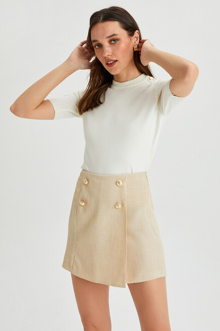 Womens Double Breasted Closure Button Detailed Textured Shorts&Skirt