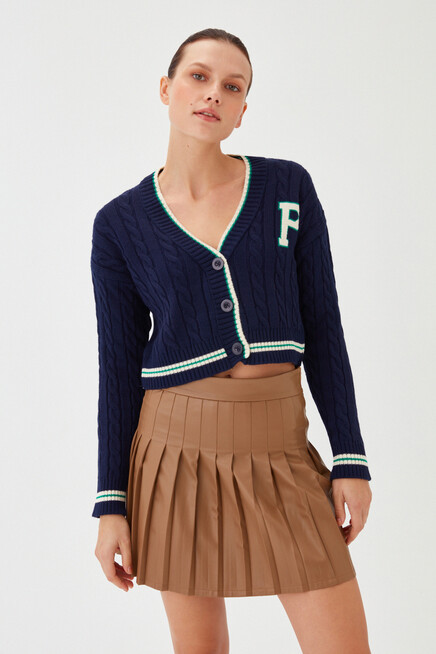 Kadın Lacivert V Yaka Düğme Detay Arma Desen Kısa Triko Hırka