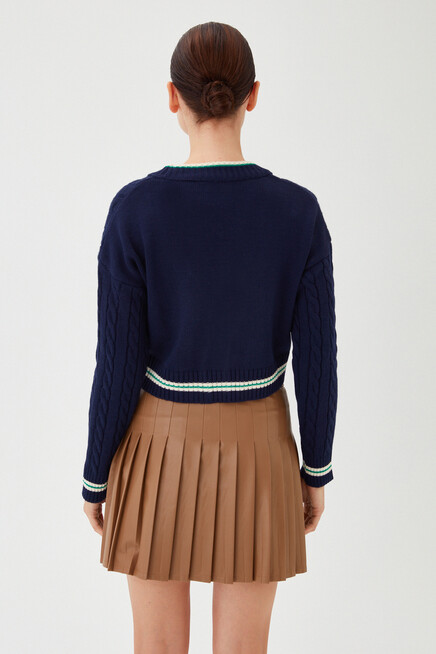 Kadın Lacivert V Yaka Düğme Detay Arma Desen Kısa Triko Hırka