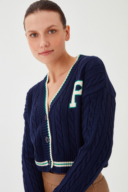 Kadın Lacivert V Yaka Düğme Detay Arma Desen Kısa Triko Hırka