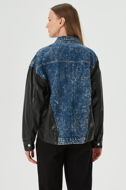 Womens Blue Leather Garnished Pocket Detailed Jean Jacket