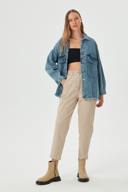 Kadın Mavi Garni Dikiş Detaylı OVersize Denim Ceket