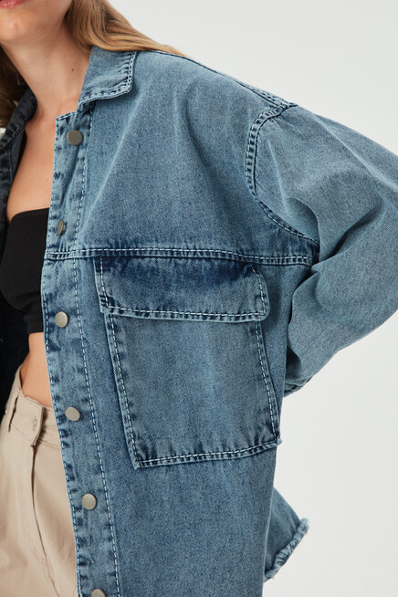 Kadın Mavi Garni Dikiş Detaylı OVersize Denim Ceket