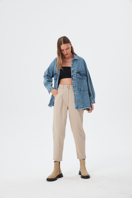 Kadın Mavi Garni Dikiş Detaylı OVersize Denim Ceket