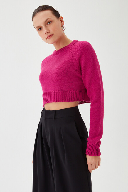 Womens Purple Crew Neck Soft Textured Crop Knitwear Sweater