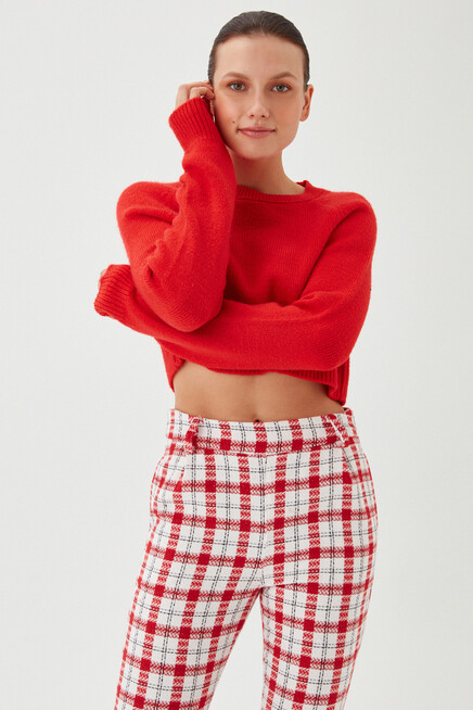 Womens Pomegranate Crew Neck Soft Textured Crop Knitwear Sweater