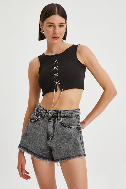 Womens Front Chain Tie Sleeveless Crop Body