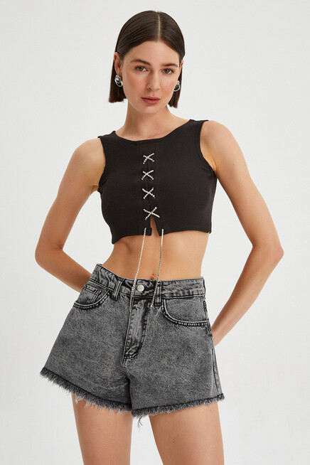 Womens Front Chain Tie Sleeveless Crop Body
