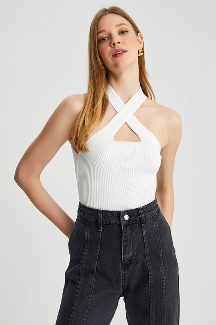 Womens Front Cross Strap Detailed Knitwear Blouse