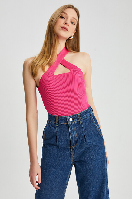 Womens Front Cross Strap Detailed Knitwear Blouse