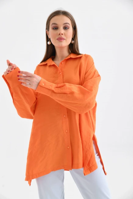 Oversize Uzun Kol Basic Turuncu Gömlek