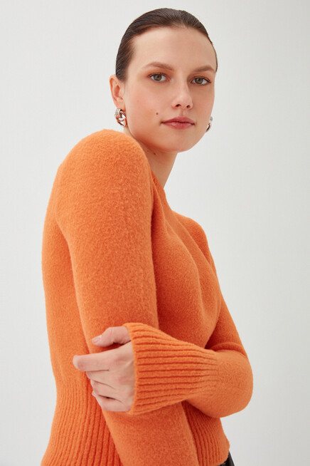 Kadın Oranj Bisiklet Yaka Yumuşak Dokulu Triko Kazak