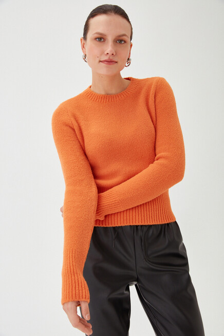 Kadın Oranj Bisiklet Yaka Yumuşak Dokulu Triko Kazak