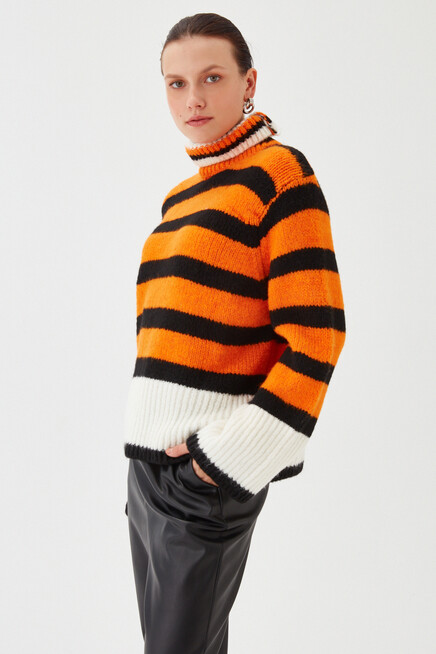 Womens Orange Stripe Patterned Wide Sleeve Turtleneck Knitwear Sweater