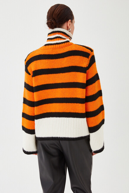 Womens Orange Stripe Patterned Wide Sleeve Turtleneck Knitwear Sweater