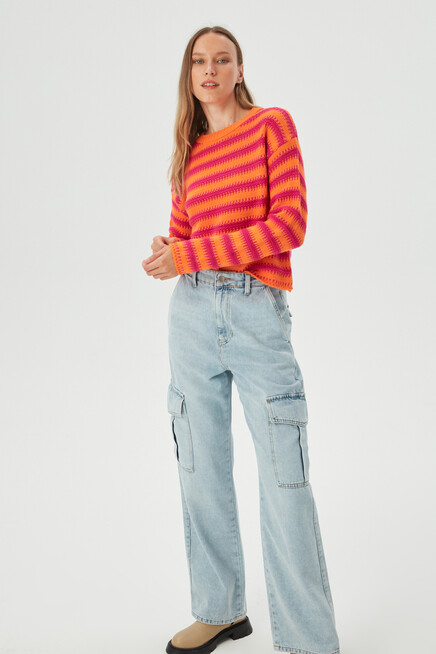 Womens Orange Line Detailed Wide Collar Loose Knitwear Sweater