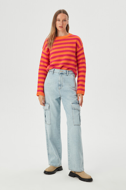 Womens Orange Line Detailed Wide Collar Loose Knitwear Sweater