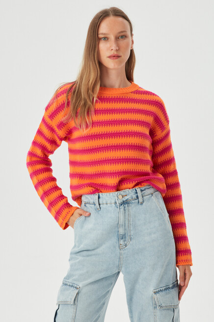 Womens Orange Line Detailed Wide Collar Loose Knitwear Sweater