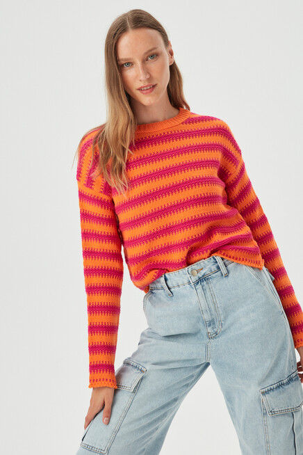 Womens Orange Line Detailed Wide Collar Loose Knitwear Sweater