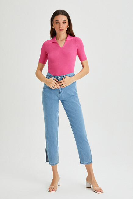 Womens Polo Neck Short Sleeve Basic Knitwear Blouse