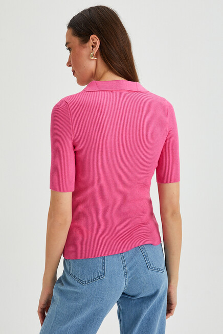 Womens Polo Neck Short Sleeve Basic Knitwear Blouse