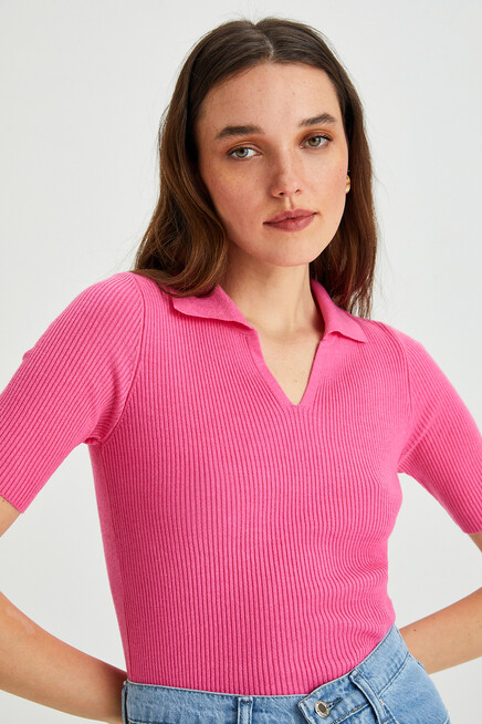 Womens Polo Neck Short Sleeve Basic Knitwear Blouse