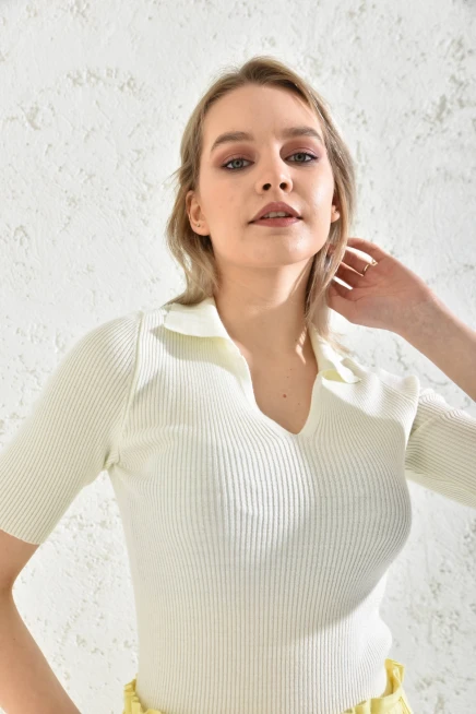 Womens Polo Neck Short Sleeve Basic Knitwear Blouse